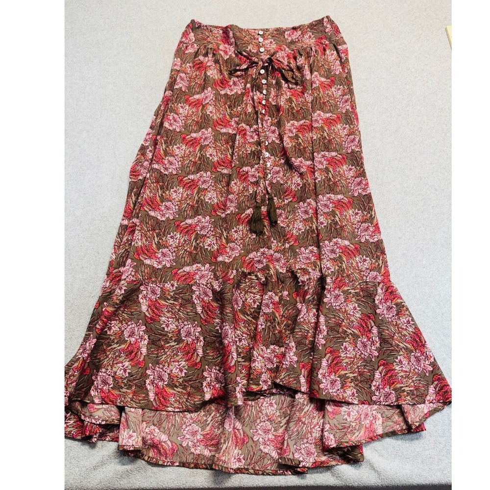 IndiaStyle Womens Boho Maxi Skirt Size 1 US 8-10 Brown Pink Floral Tassel Tiered